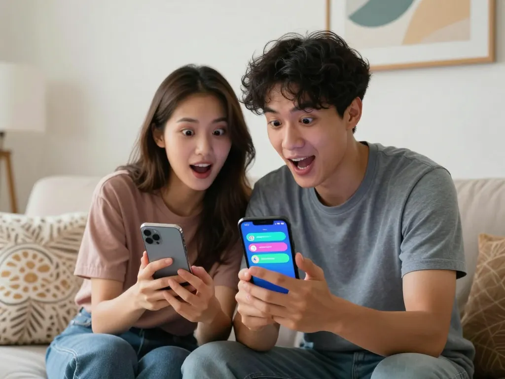 Couple exploring sexting ai chatbots in a cozy living room, showcasing modern romance.