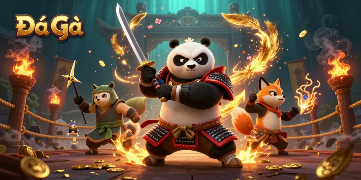 Experience the excitement of Đá Gà with vibrant samurai panda and ninja fox in a dynamic gambling arena.