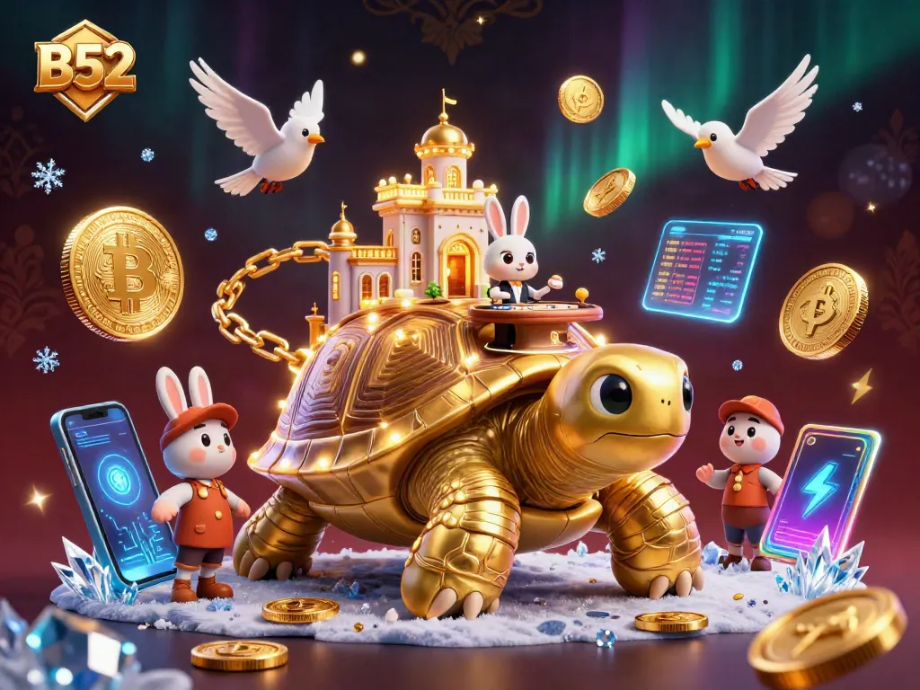Win big at the B52 casino with a vibrant scene featuring a golden tortoise and a rabbit dealer.