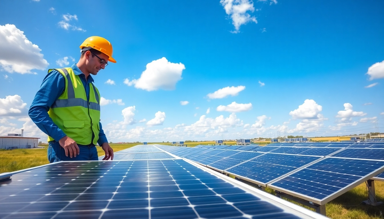 Fotografiere Photovoltaik Leads durch einen Techniker, der moderne Solarpanels inspiziert.