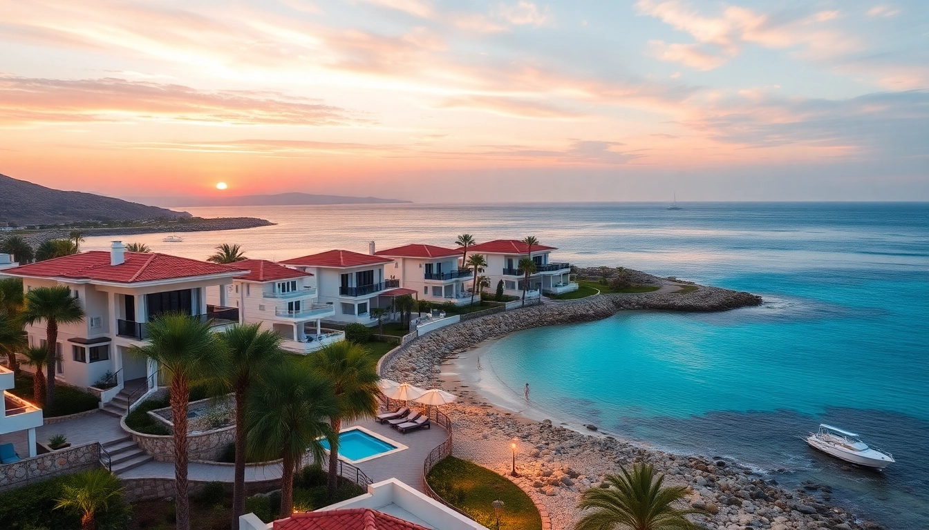 Skimpy beach houses highlighting nordzypern immobilien am meer with stunning sunset views and clear waters.
