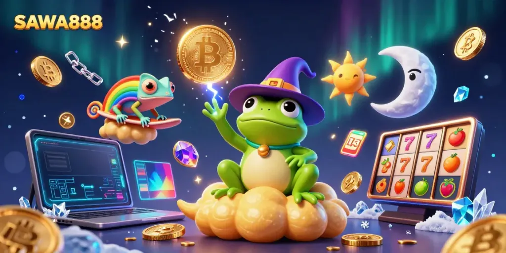 Experience the thrill of gambling with SAWA888 featuring a 3D wizard frog and magical coins.