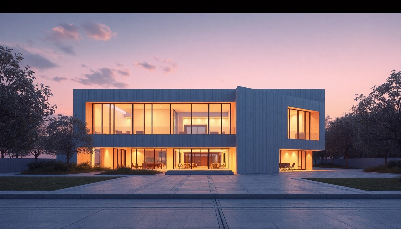 3D-Visualisierung Architektur eines modernen Gebäudes, das Licht und Textur eindrucksvoll zur Geltung bringt.