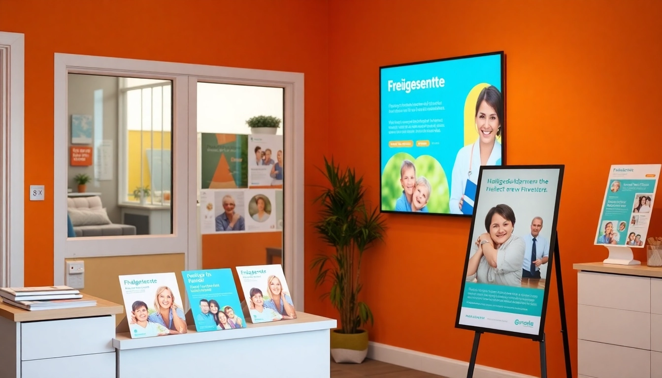 Showcase effective Marketing für Pflegedienste with engaging brochures in a well-lit healthcare office.