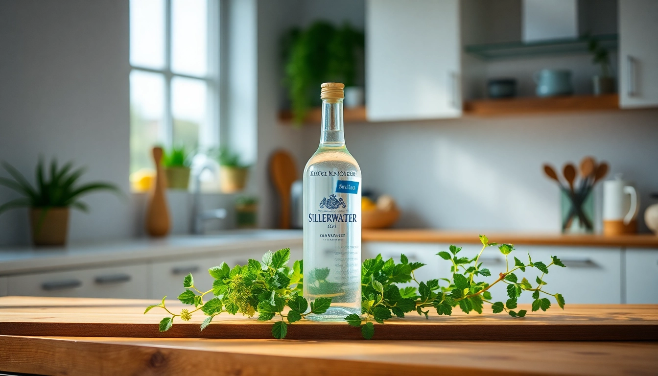 Pouring pure Silberwasser into a glass, surrounded by natural elements for a refreshing, healthy lifestyle.