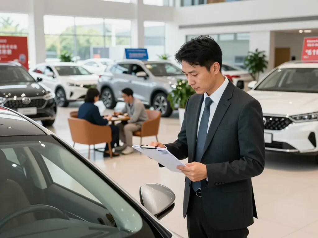 Autoankauf-Experte bewertet Fahrzeug in einem hellen Autohaus.