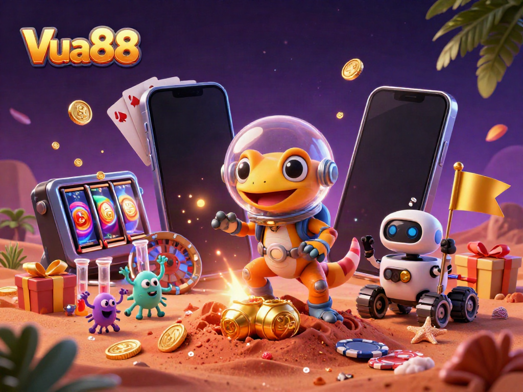 Vua88 showcases thrilling 3D scene of a gecko and robot discovering a golden casino with vibrant gaming elements.