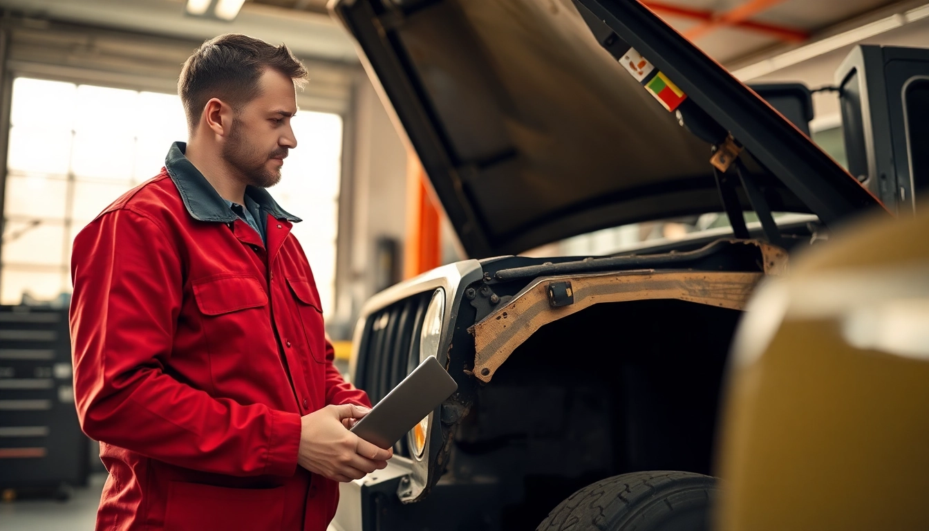 Expert Kfz Gutachter Berlin evaluating vehicle damage in a professional garage environment.