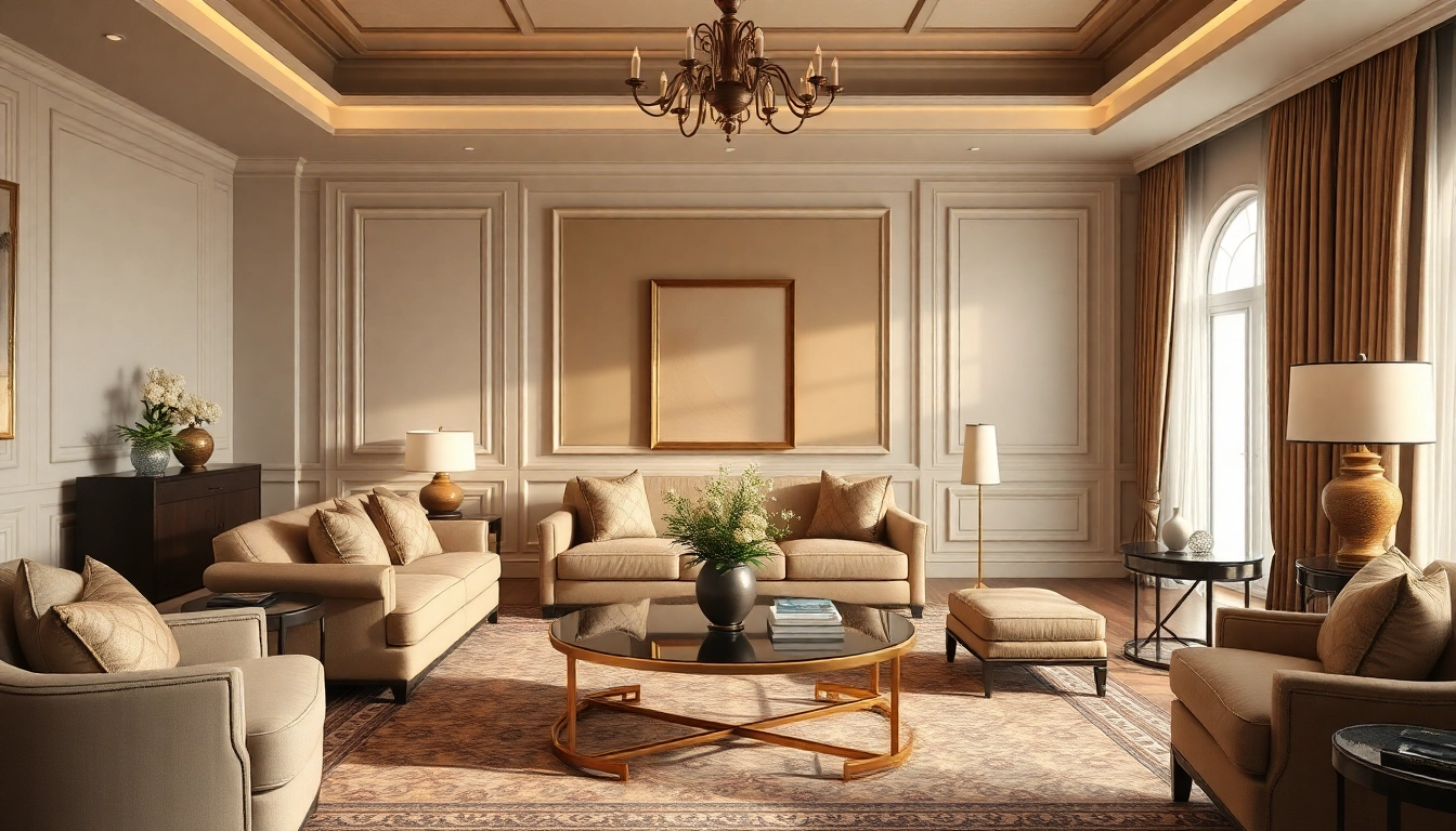 Luxury living room with elegant furniture and soft lighting, emphasizing comfort and sophistication.