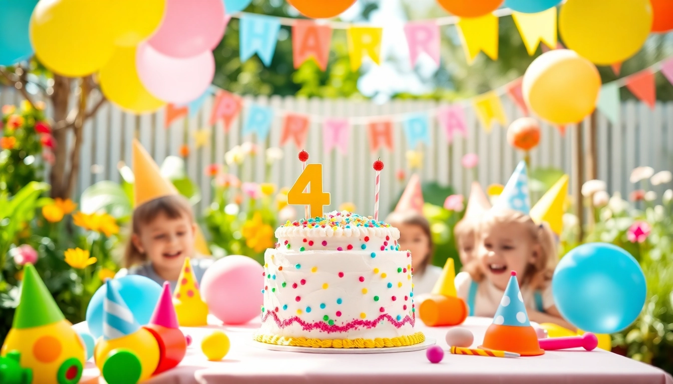 Kindergeburtstag 4 Jahre: Fröhliche Kinder feiern mit bunten Ballons und einer festlich dekorierten Torte.