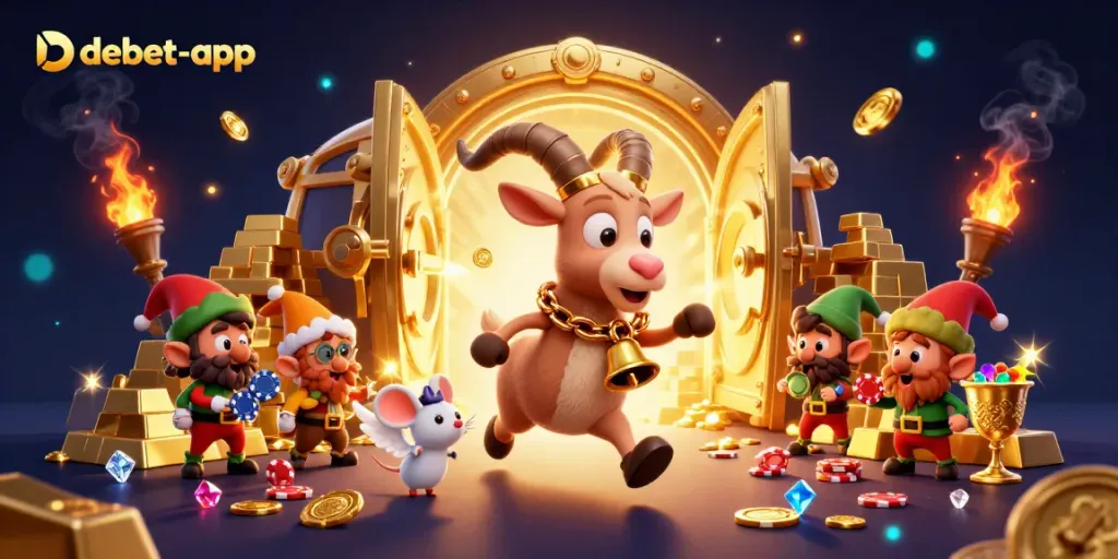 Experience the thrill of debet-app casino gaming with characters in a dynamic rich scene filled with treasures.