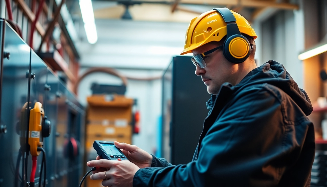 Prüfservice für elektrische Geräte in Aktion, während ein Techniker Sicherheitsprüfungen durchführt.