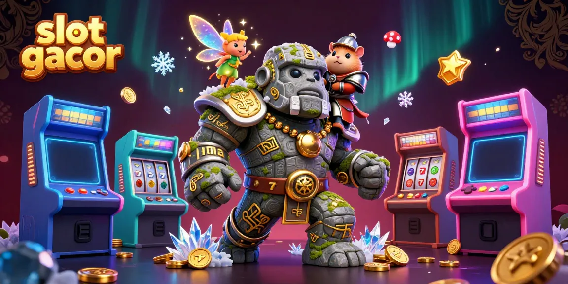 Experience the excitement with slot gacor reels and a golem guardian in this vibrant casino scene