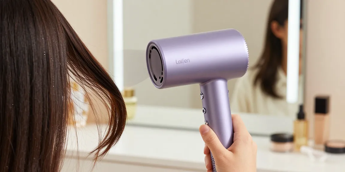 Model using Laifen Mini haartrockner on her hair, demonstrating its lightweight design and effectiveness.