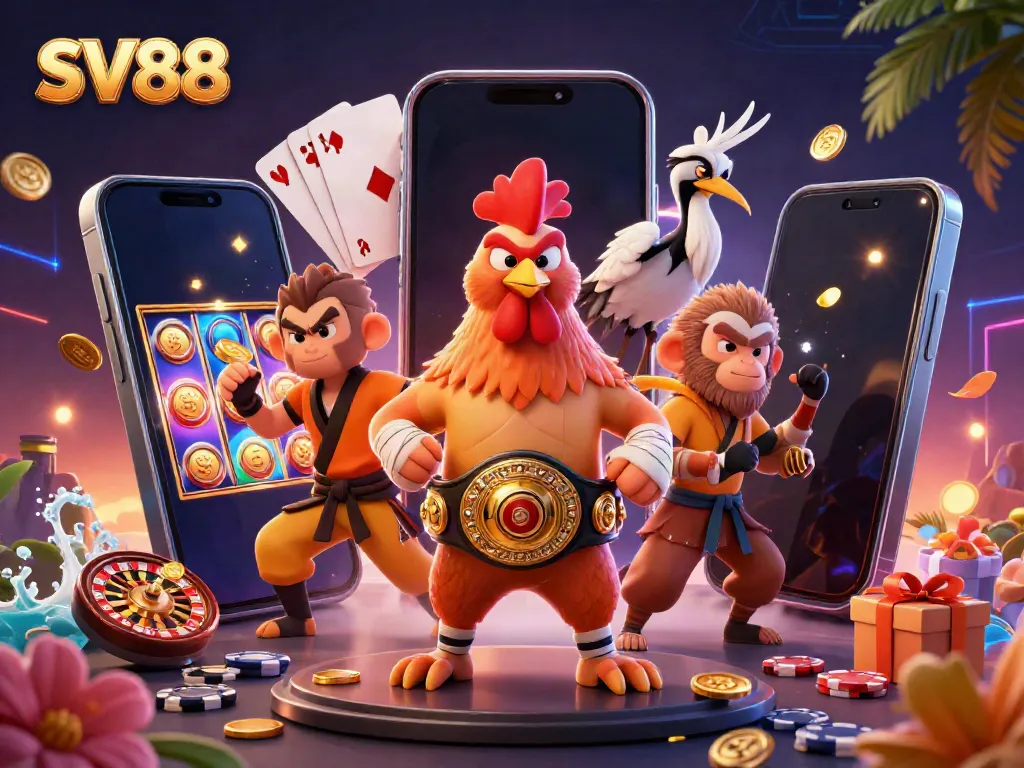 Engage in thrilling gameplay with SV88, featuring vibrant casino characters and gaming elements.