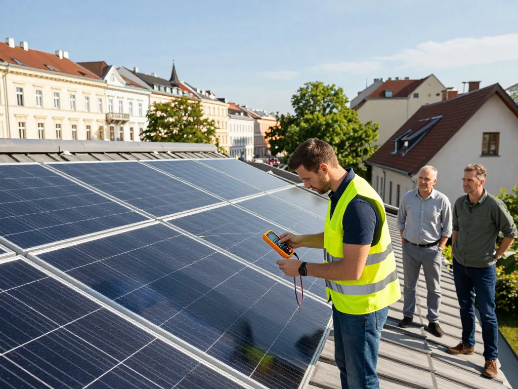 Techniker überprüft die Installation von Photovoltaik Wien auf einem Wohnhausdach und zeigt die Effizienz der Solarenergie.