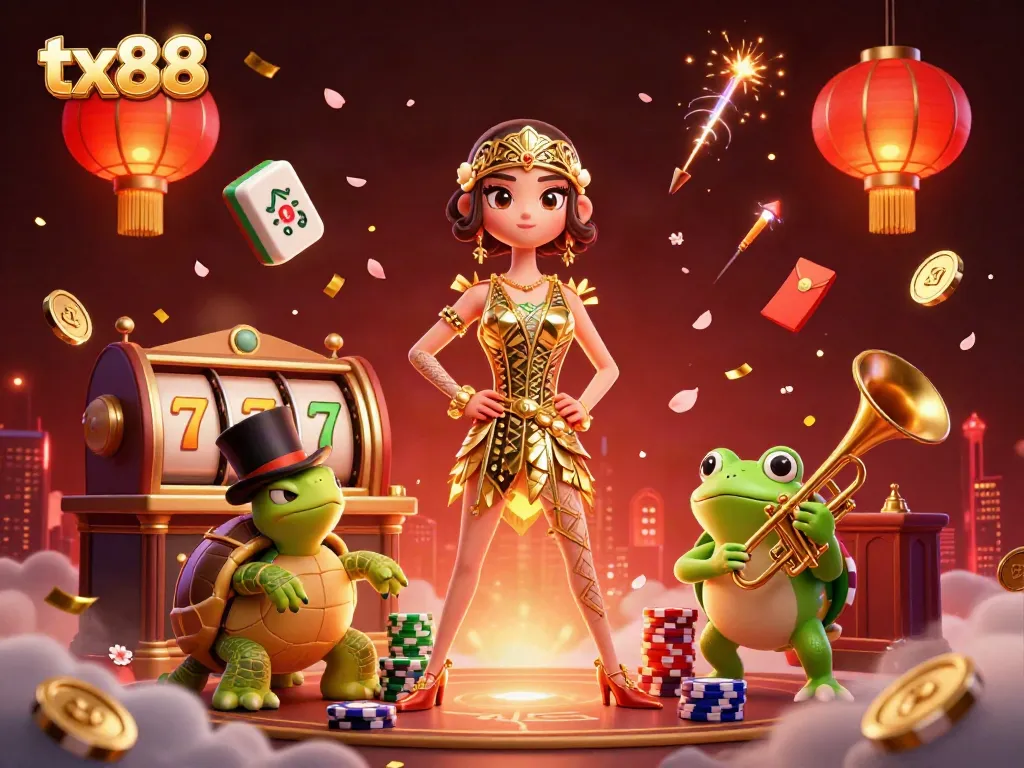 Engage with tx88's vibrant casino experience featuring lively characters and dynamic gaming elements.