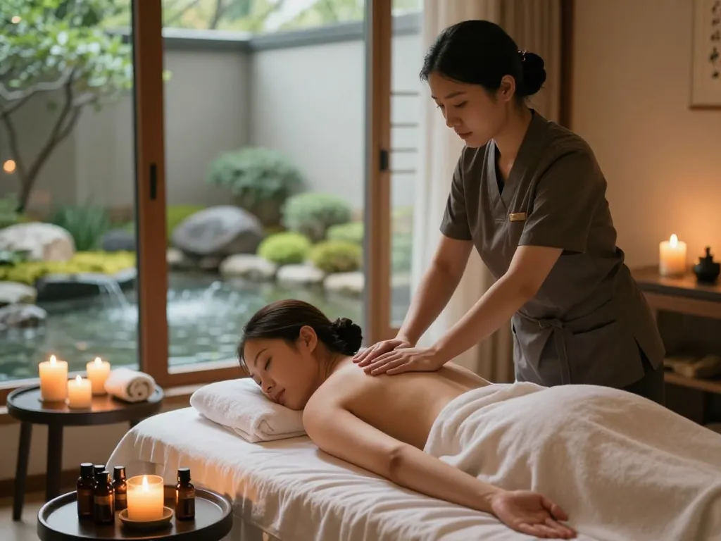 Spa Add massage therapy in a tranquil environment with candles and essential oils