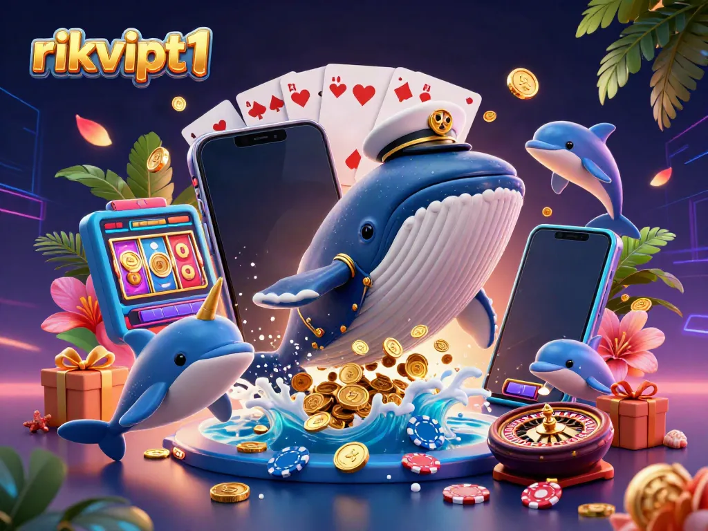 Experience excitement with rikvipt1 as a whale and playful dolphins delight in poker chips and golden coins.