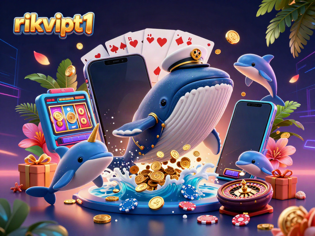 Experience excitement with rikvipt1 as a whale and playful dolphins delight in poker chips and golden coins.