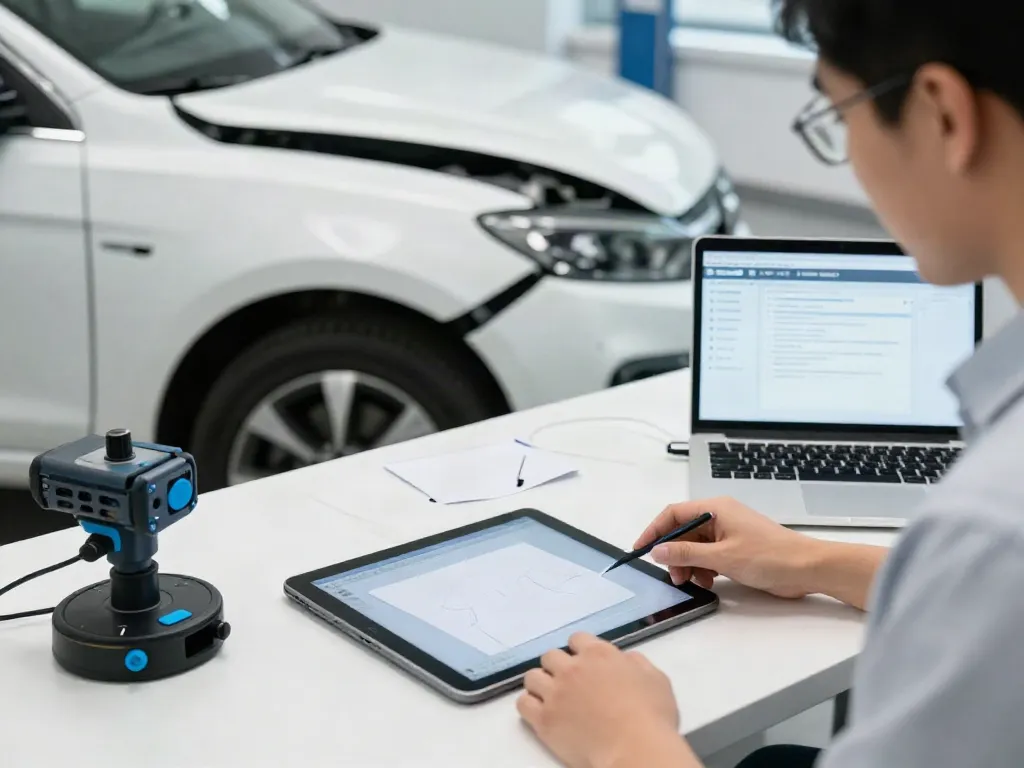 Kfz-Gutachter Dortmund bei der technischen Analyse eines Fahrzeugs, um Schäden zu bewerten.