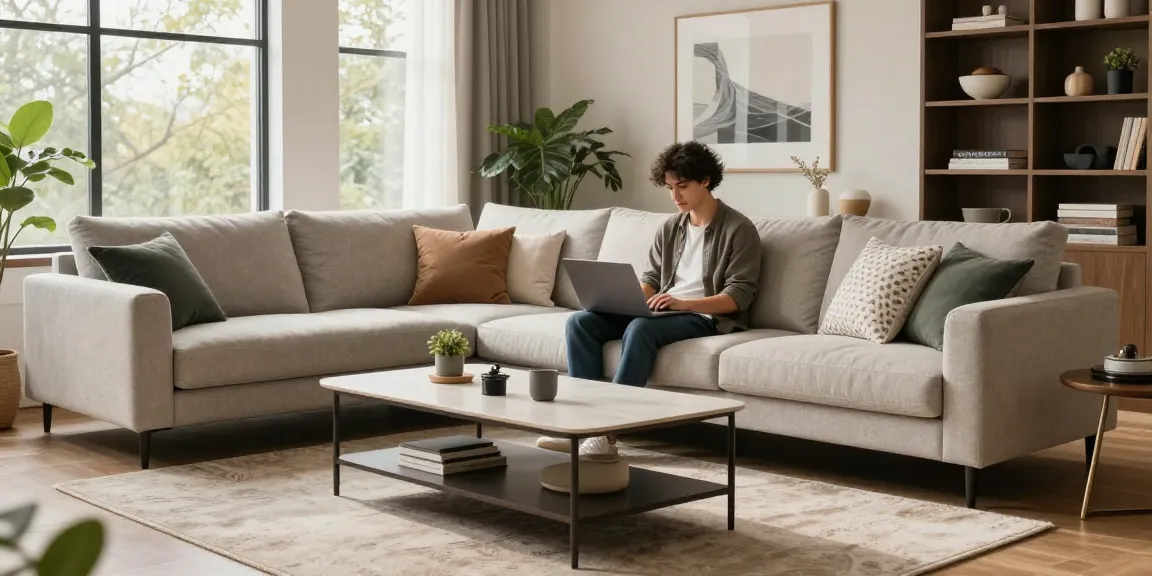 Günstige Möbel online in einem gemütlichen Wohnzimmer mit stilvollem Dekor und modernen Möbeln präsentiert