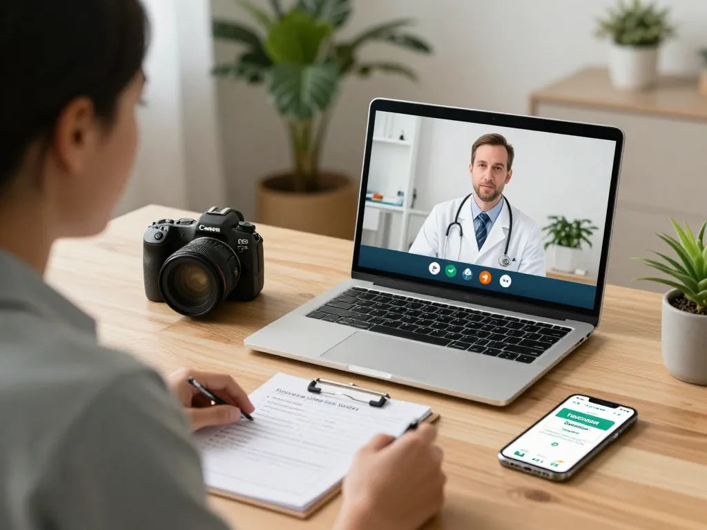 Szene der Cannabis Rezept Online-Beratung mit einem Patienten und Arzt im Videoanruf in einem gemütlichen Homeoffice.