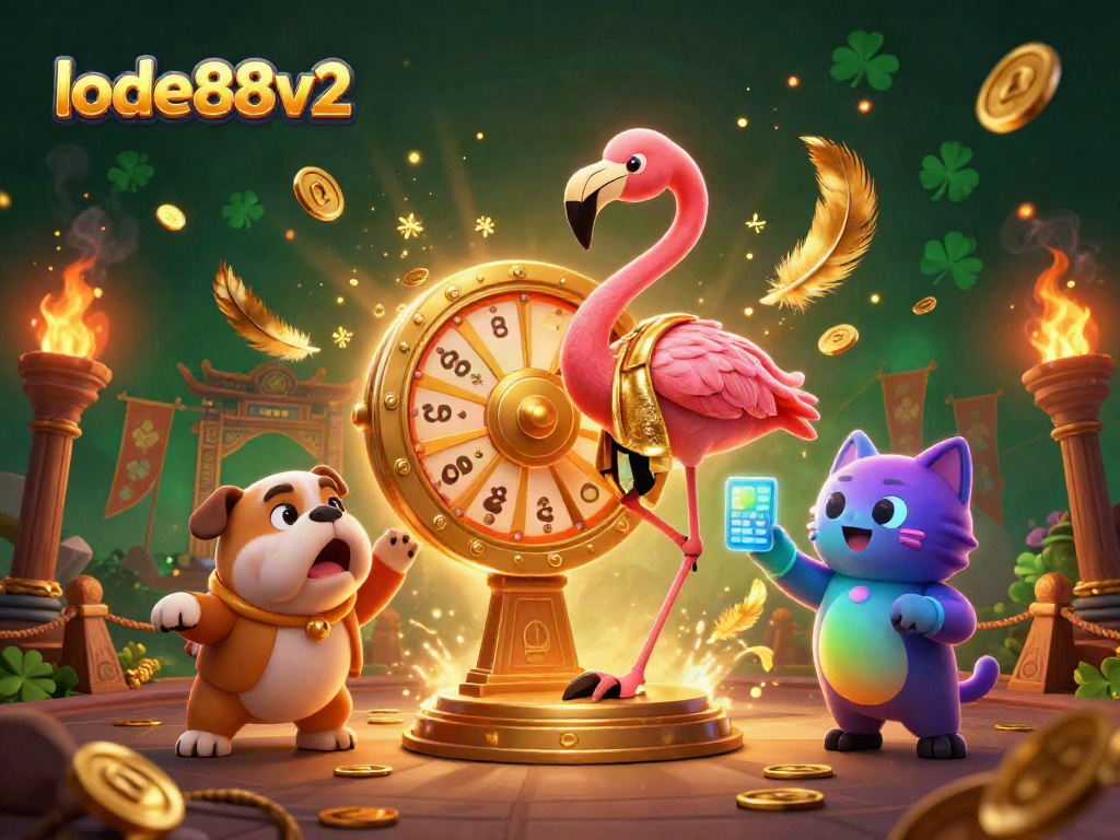 Join the exciting lode88v2 game show scene featuring the flamingo host, bulldog contestant, and cat assistant revealing prizes.