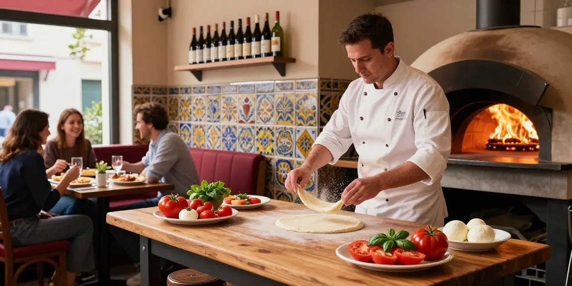 Freshly prepared pizza scene at Pizzeria Madera, showcasing pg soft Italian dining experience with lively atmosphere.