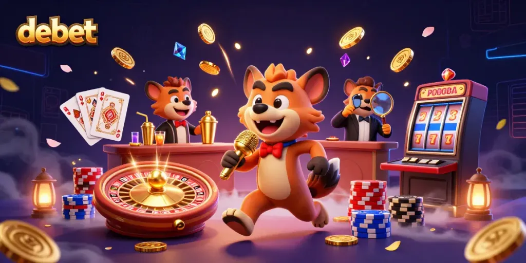 Experience the vibrant atmosphere of debet casino with entertaining hyena characters and exciting gaming elements.
