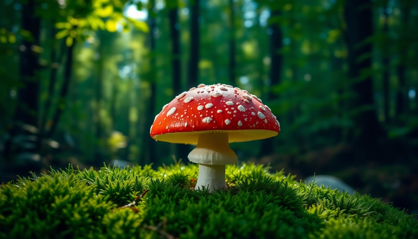 Fliegenpilz pulver neben einem frischen Fliegenpilz, umgeben von grünem Moos.