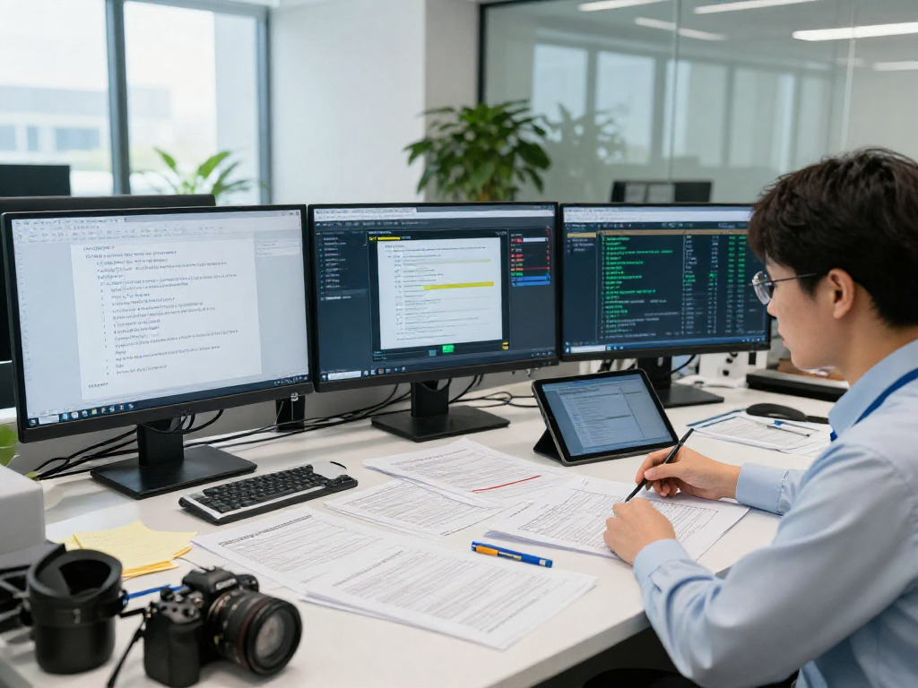 Document fraud detection analysis in a modern office with software data and reports.