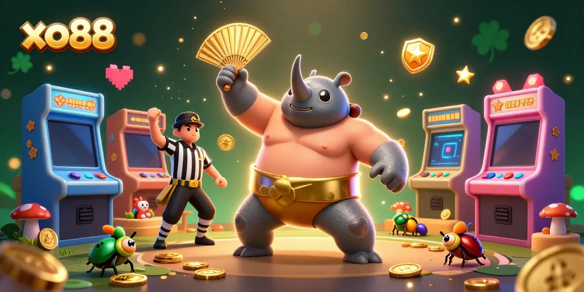 Experience thrilling gameplay at xo88 with a colorful casino-themed scene of a sumo champion beetle.