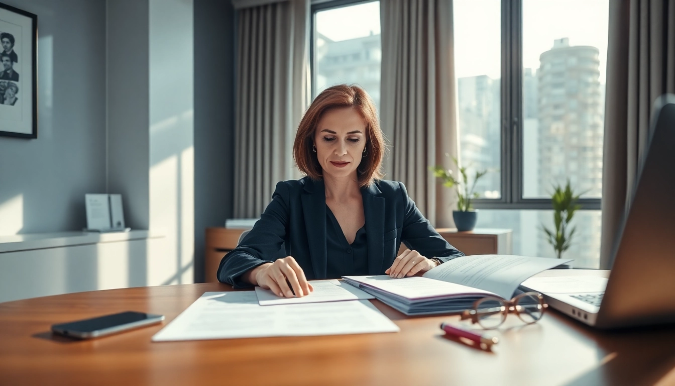 Professioneller beglaubigter Übersetzer prüft Dokumente in einem eleganten Büro.