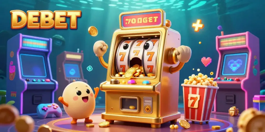 DEBET showcases a sentient golden slot machine hitting a jackpot with coins pouring out in a vibrant casino atmosphere.