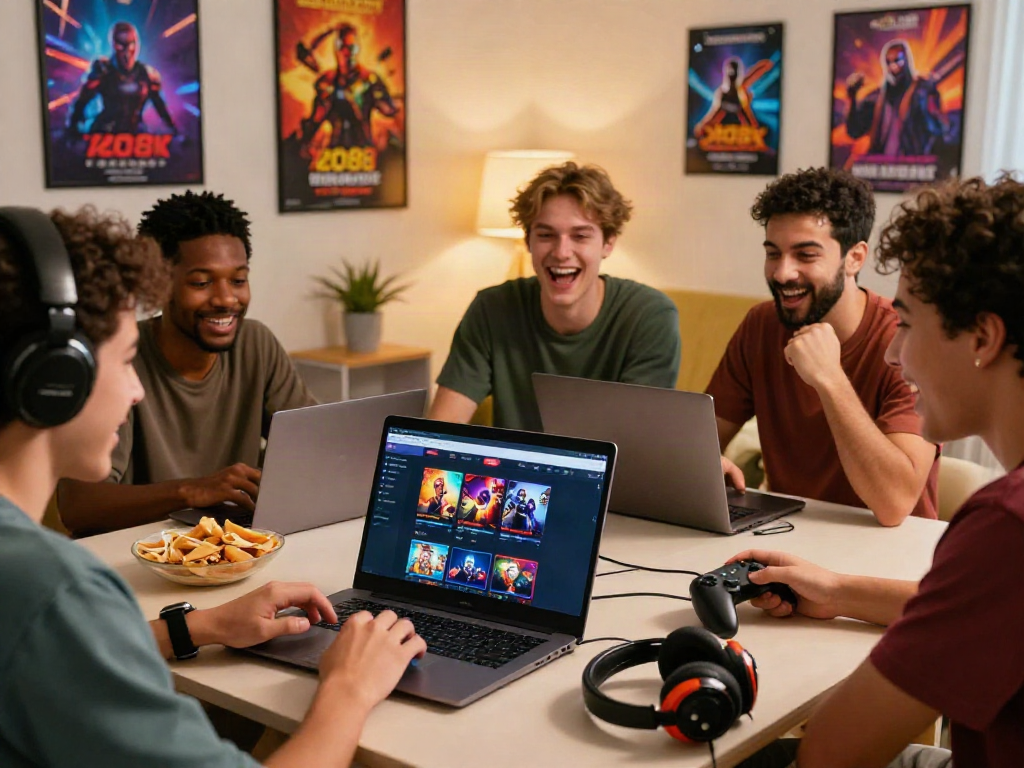 Friends enjoying an online gaming session showcasing the Link Xo88 in a lively living room.