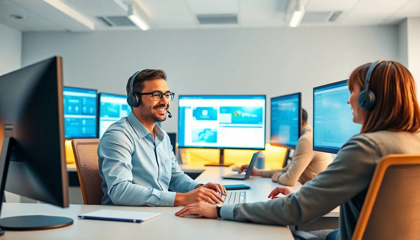 Software Hilfe durch eine freundliche Technikerin am Schreibtisch, unterstützt Kunden in einer modernen Umgebung.