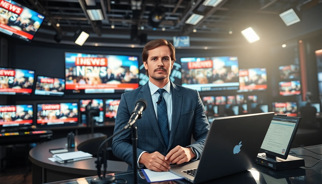Aktuelle Meldungen durch einen Nachrichtenreporter in einem modernen Newsroom präsentieren.
