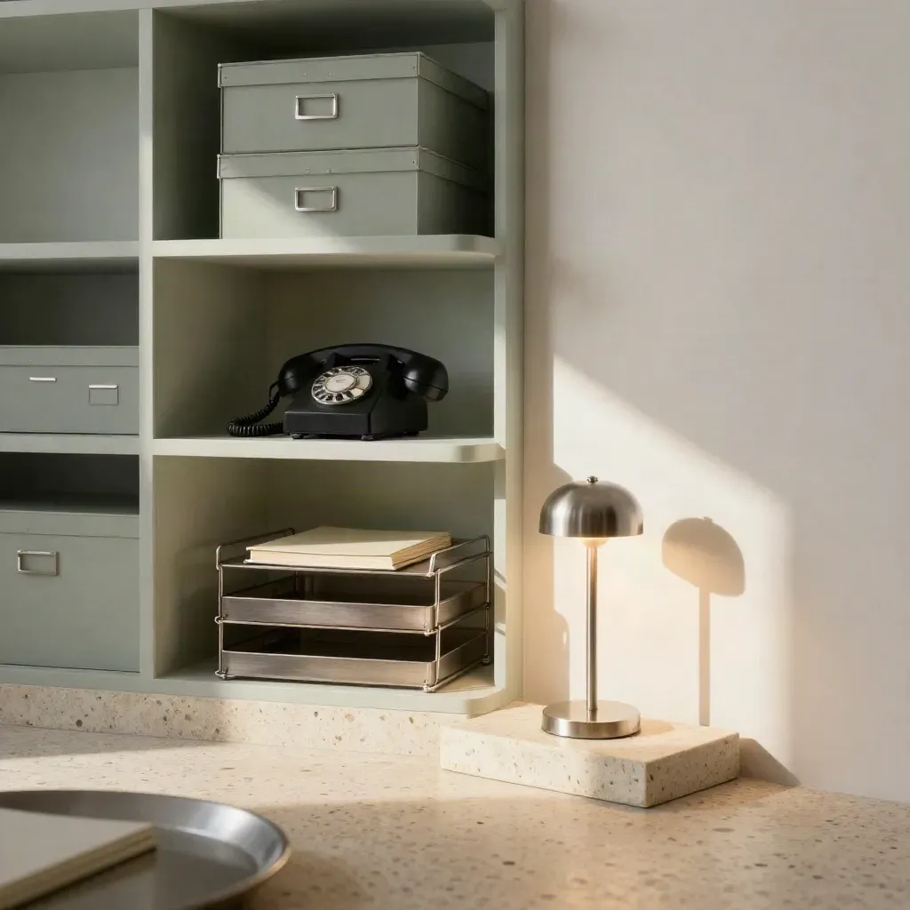 Büro-Set mit Telefon, Archivboxen, Ablagen und Lampe in heller Arbeitsnische.