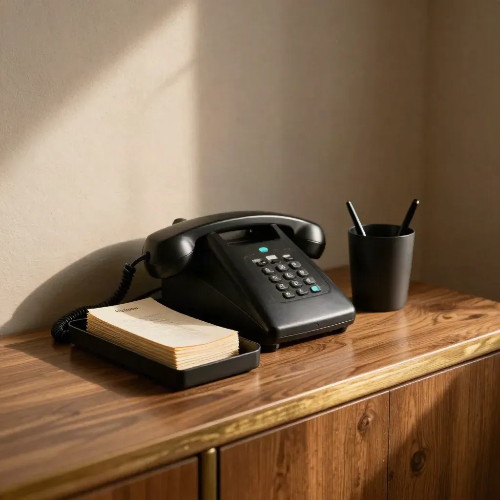 Telefonzone mit schwarzer Basisstation, Rückrufschale und Stiftebecher im warmen Büroeck.