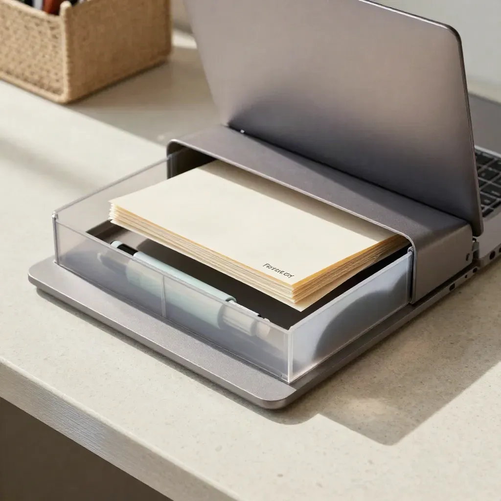 Geschlossener Laptop, Sortierfächer und Ablagetablett in ruhigem Bürolicht.