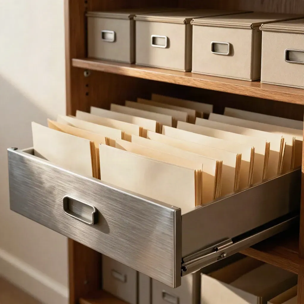 Ablagesystem mit Ordnerboxen und Metallschublade in hellem Bürolicht.