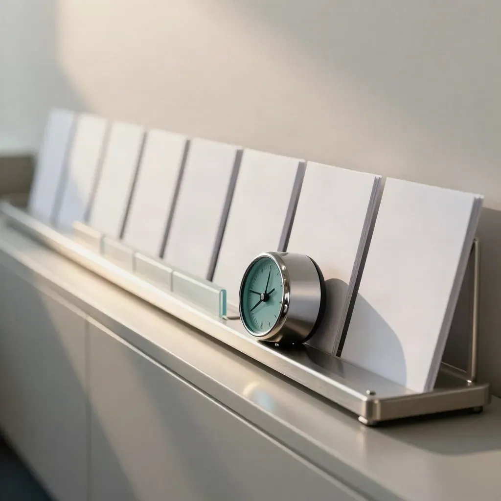 Makro einer klaren Terminablage mit Timer und schmaler Metallschiene im ruhigen Bürolicht.