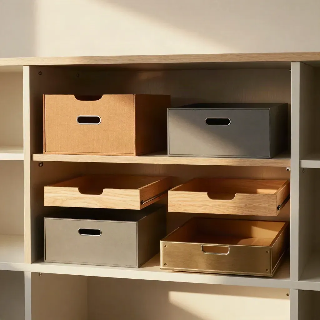 Archivboxen, Schubladenteiler und Ablagen in warmem Bürolicht