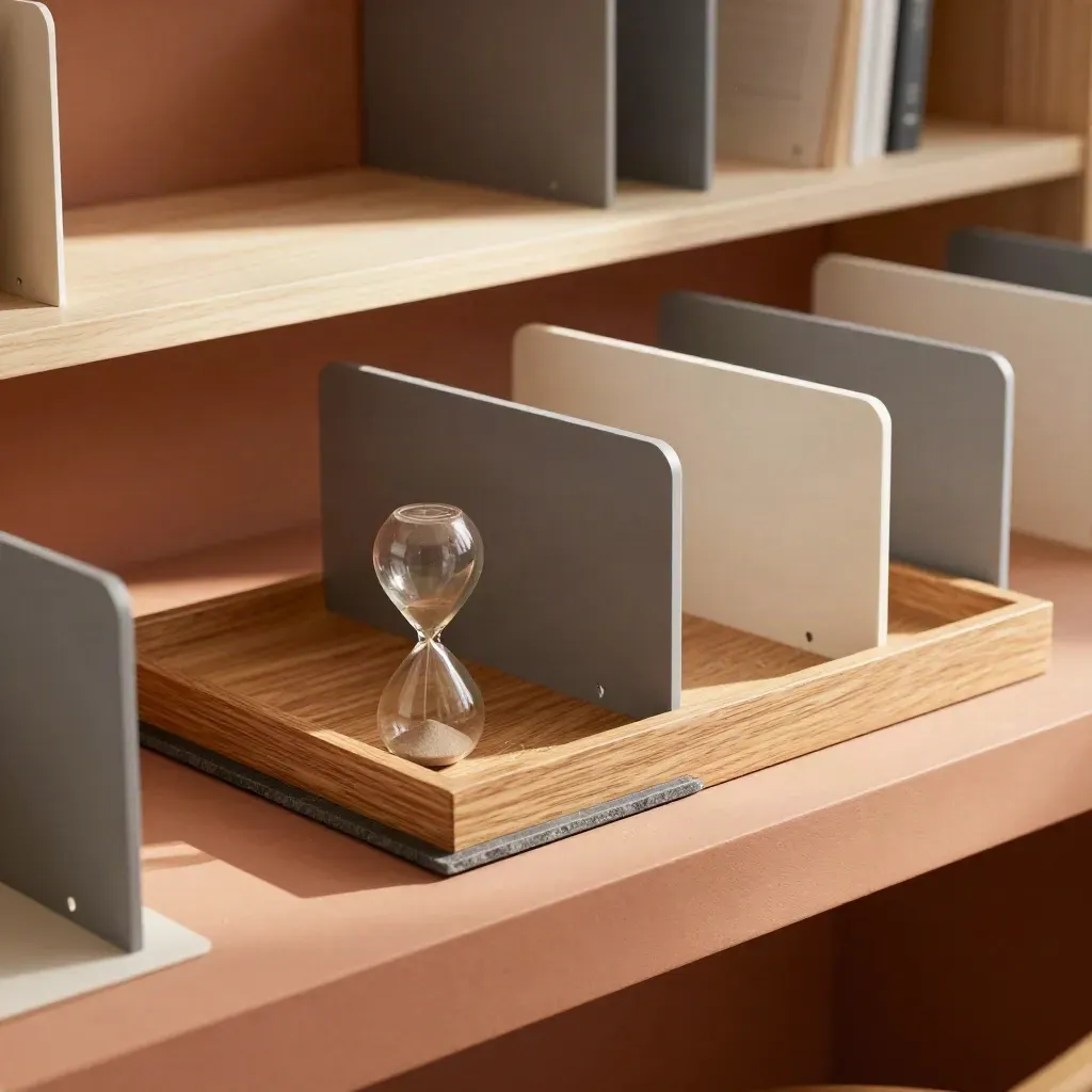 Routingschale, Sanduhr und modulare Trennstücke auf Terrakotta-Ledge im ruhigen Bürolicht.