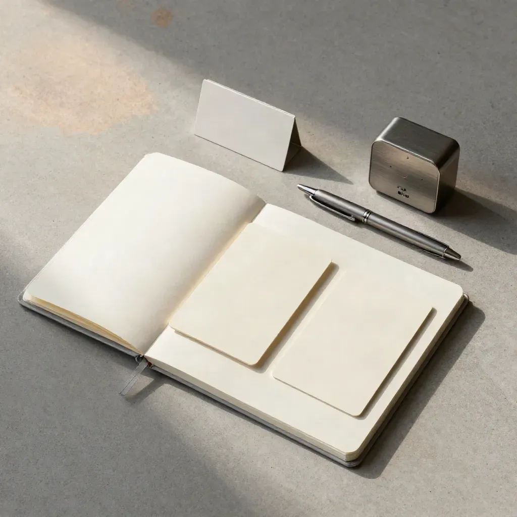 Notizbuch, Timer, Karten und Stift auf Beton für das Erstgespräch.
