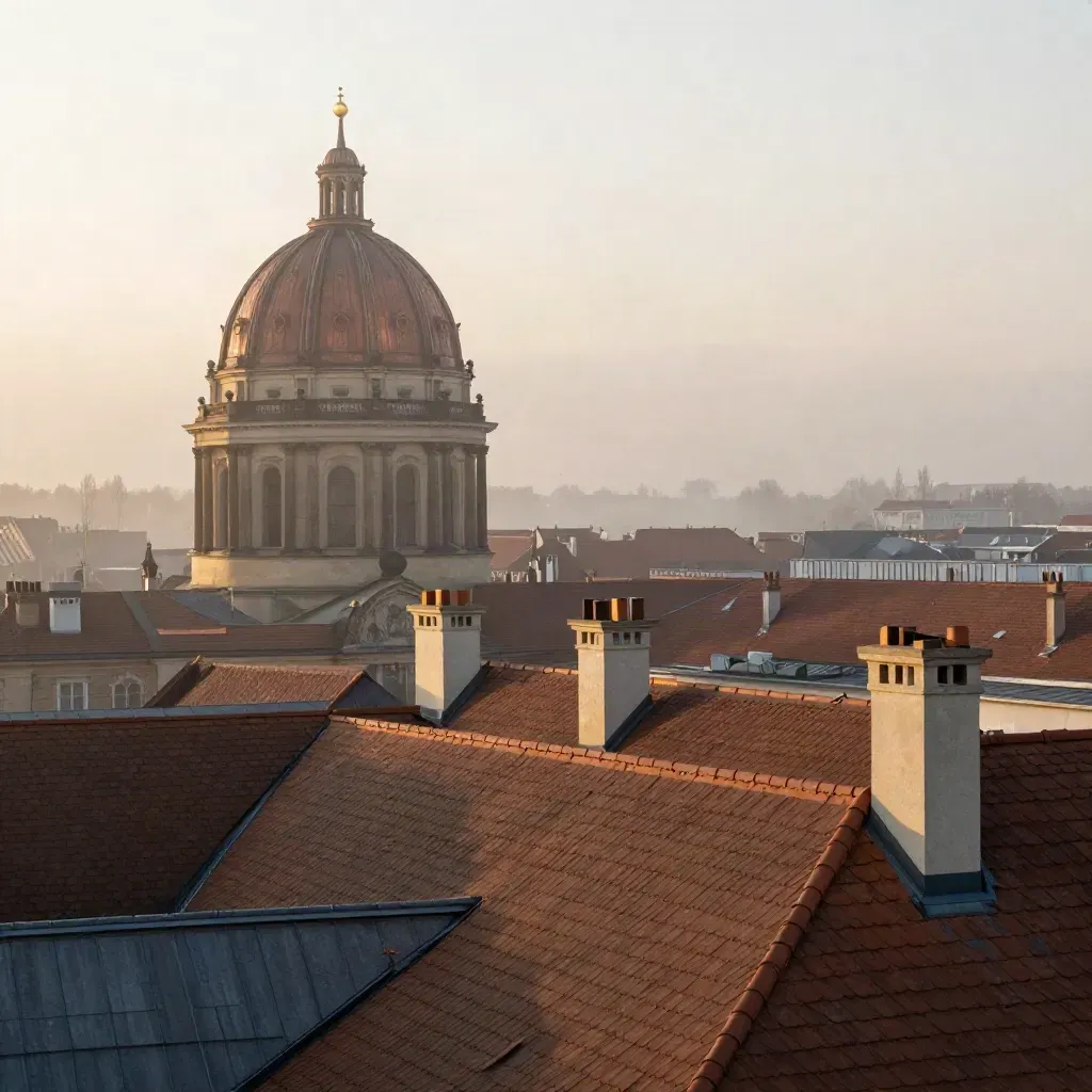 Berliner Dächer mit Dom-Silhouette und Flussband im warmen Morgennebel.