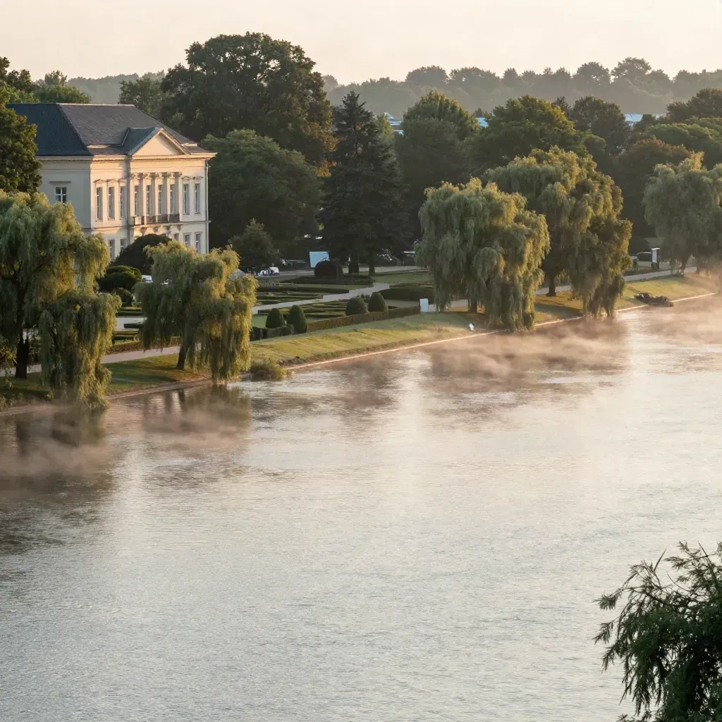 Potsdamer Ufer mit Parkkanten, hellen Fassaden und ruhigem Wasser im Abendlicht
