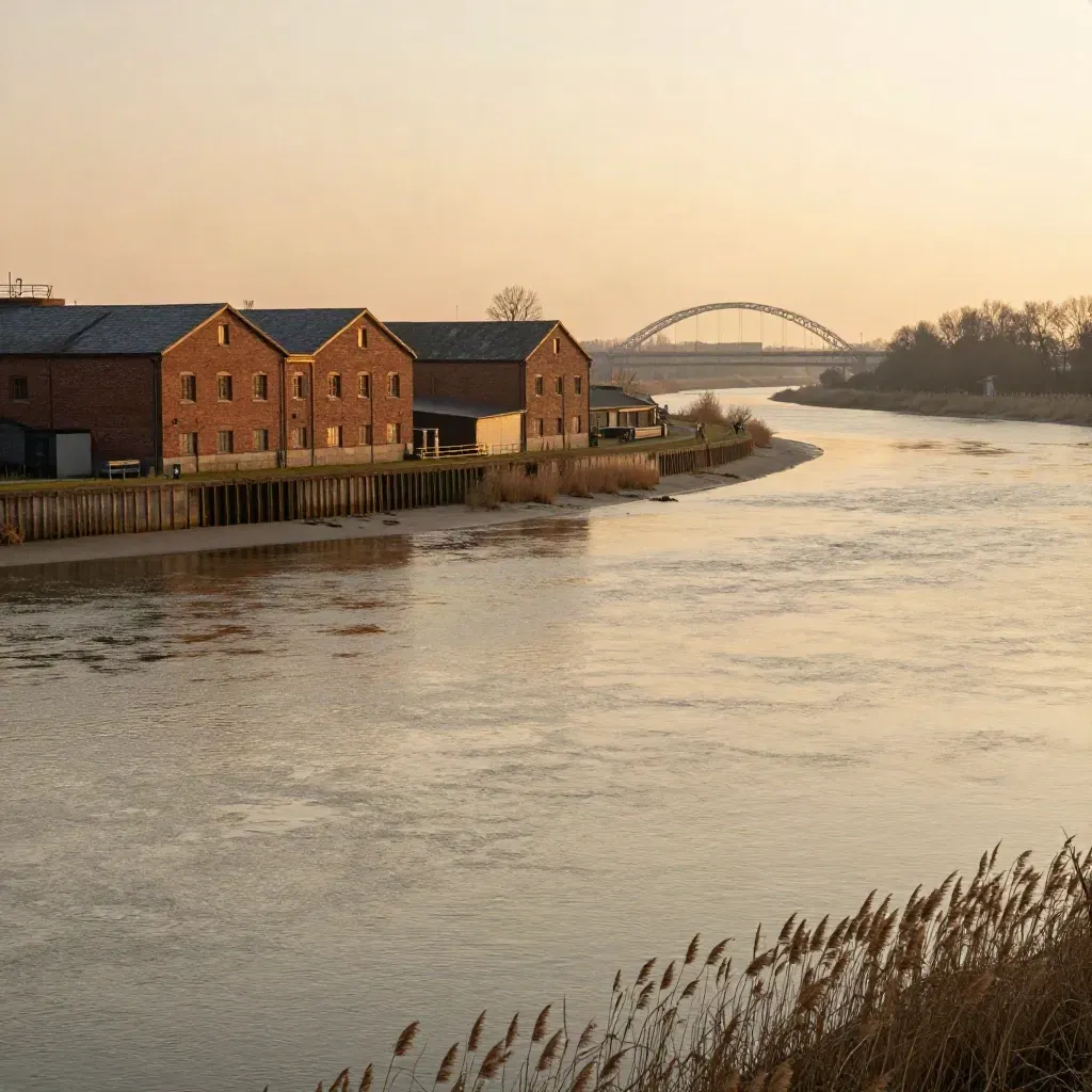 Brandenburg-West am Abend mit Flussbogen, Backstein und weichem Himmelslicht