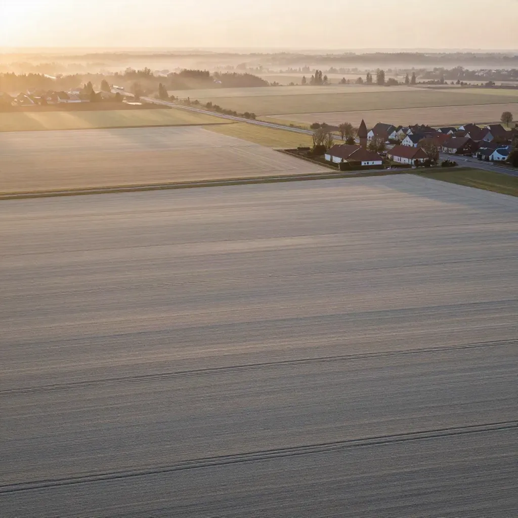 Luftige Draufsicht über Felder, kleine Orte und Wege im Dunst mit ruhiger Fläche für Text.